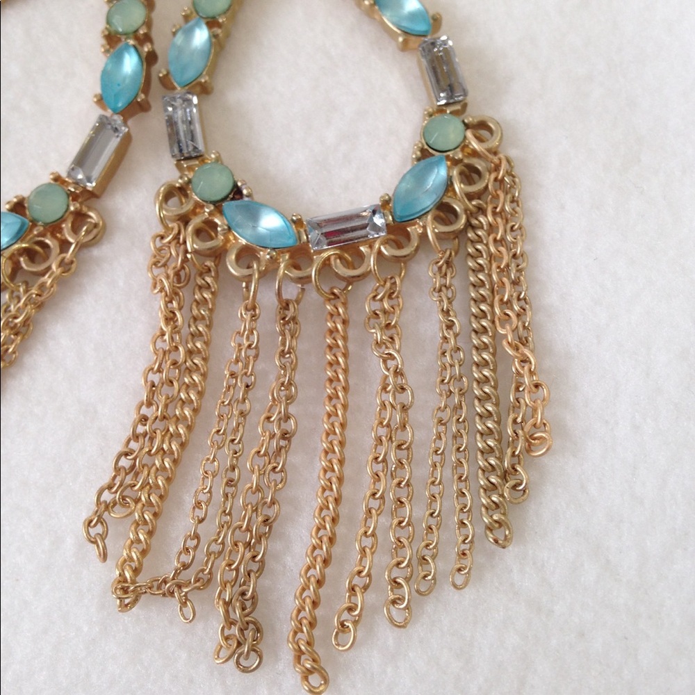 NEW Dangling Chains Earrings Turquoise Dazzling Jeweled Blue Crystals Goldtone - Picture 4 of 10